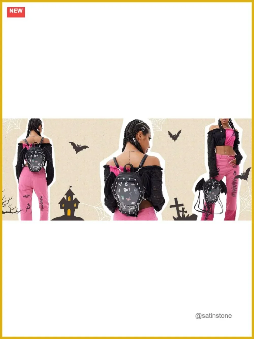 Coffin Shape Ita Bag with Clear Window Panel, Faux Leather Pin Display